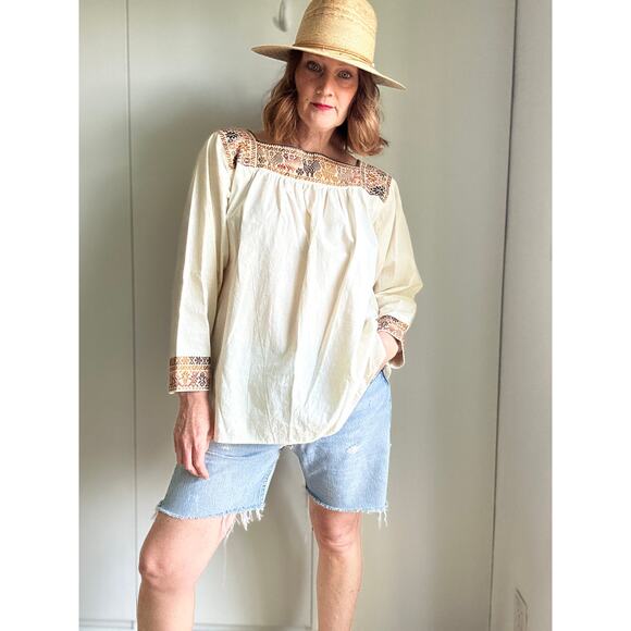 Vintage 70s Peasant Blouse Boho Hand Embroidered Cotton Folk Festival Shirt SZ M - Picture 5 of 13